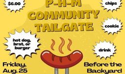 Advertisement for a community tailgate event featuring hot dogs, chips, cookies, and drinks, with an entry fee of $1 per